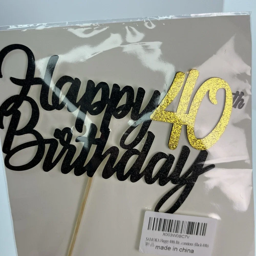 SAMOKA Cake Topper Unisex OS Black Gold New 40th Birthday Glitter Decor